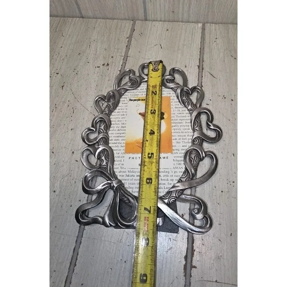 Vintage Pewter Multiple Heart & Bows Oval Picture Frame 4x6 Ornate Filigree